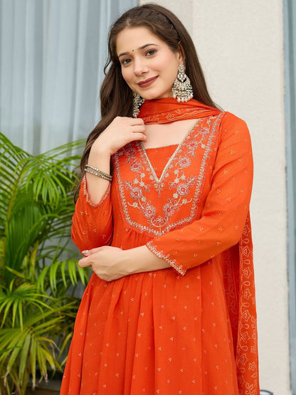 Dhiyona KL Women Floral Embroidered Silk Chiffon Kurta with Trousers & Dupatta