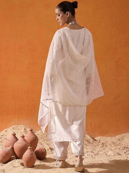Dhiyona IE Paisley Embroidered Panelled Liva Straight Kurta With Trousers & Dupatta