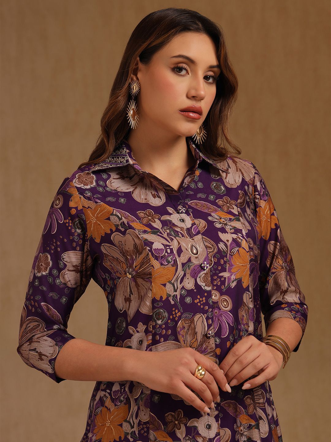 Dhiyona SO Women's Floral Printed Shirt Collar Zari Muslin Straight Kurta With Palazzos