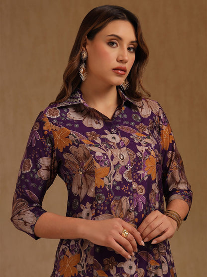 Dhiyona SO Women's Floral Printed Shirt Collar Zari Muslin Straight Kurta With Palazzos