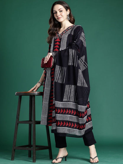 Geometric Printed Straight Pure Cotton Kurta With Trouser And Dupatta