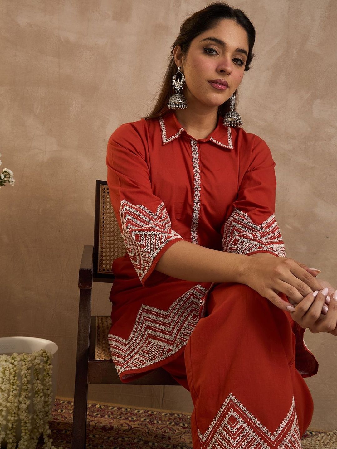 Geometric Embroidered A-Line Thread Work Pure Cotton Kurta With Palazzos