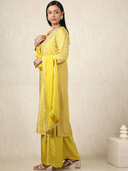 Dhiyona SO Women's Bandhani Printed Sequinned Straight Kurta With Palazzos & Dupatta