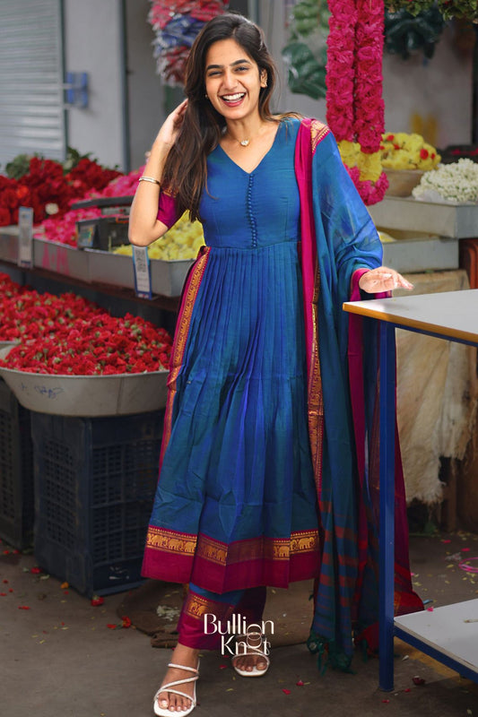 Dhiyona BN Saanchi Peacock Blue V-neckline Suit Set