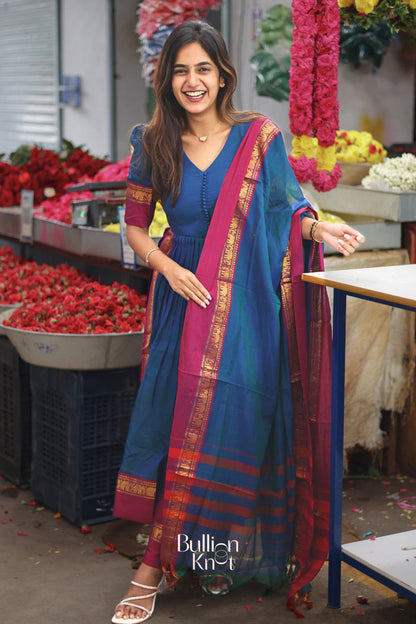 Dhiyona BN Saanchi Peacock Blue V-neckline Suit Set