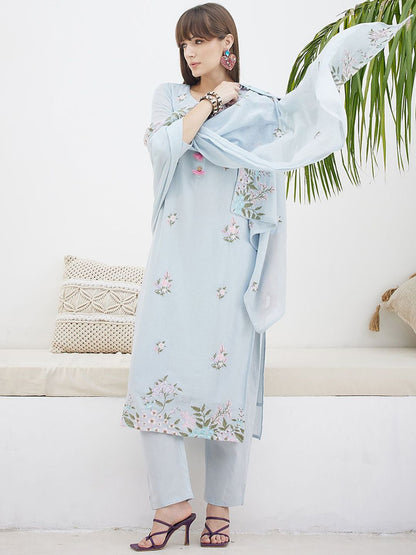 Floral Embroidered Straight Thread Work Pure Cotton Kurta With Trousers & Dupatta
