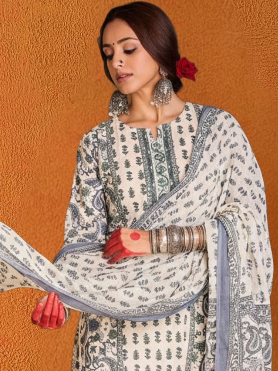 Women Ethnic Motifs Printed Regular Pure Cotton Kurta with Trousers & With Dupatta