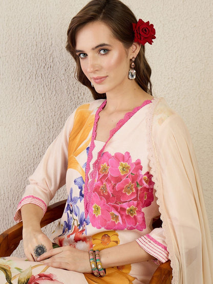 Women Floral Printed Regular Linen Kurta with Trousers & With Dupatta