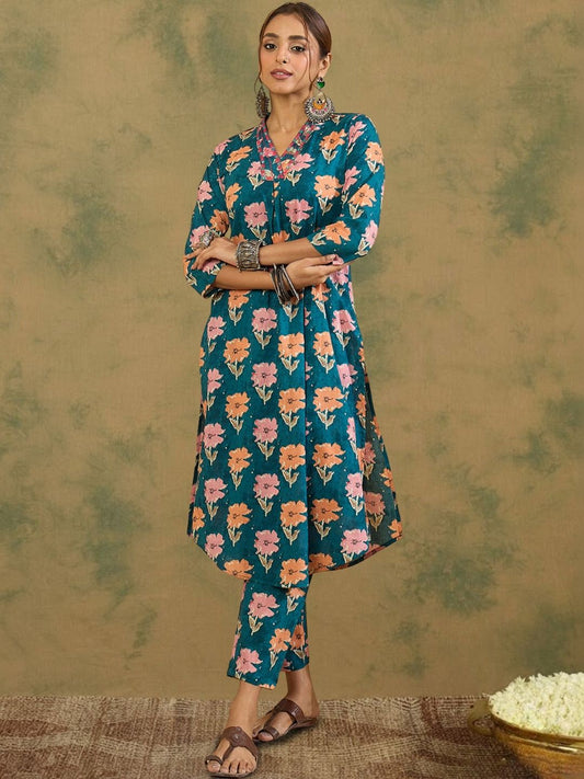 Women Floral Printed Regular Thread Work Pure Cotton Kurta with Trousers