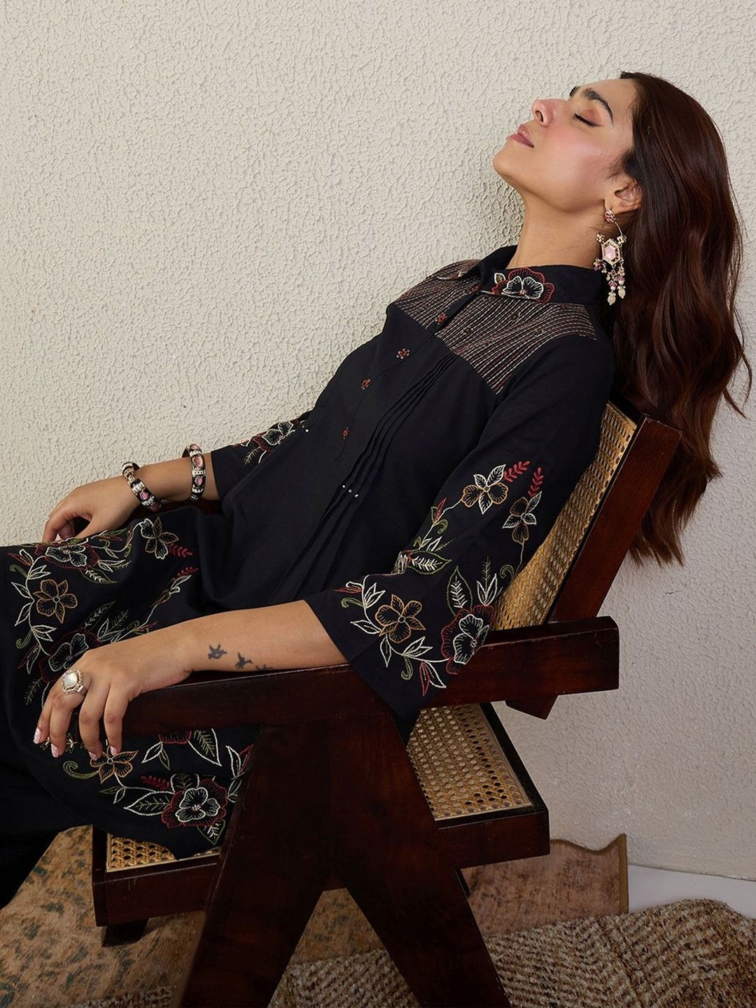 Women Floral Embroidered Thread Work Pure Cotton A-Line Kurti with Trousers