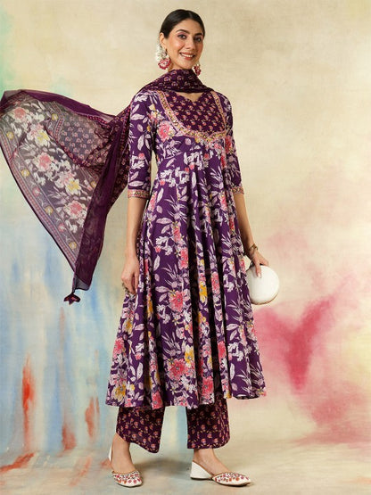 Women's Floral Printed V-Neck Pure Cotton Kurta With Palazzos And Dupatta