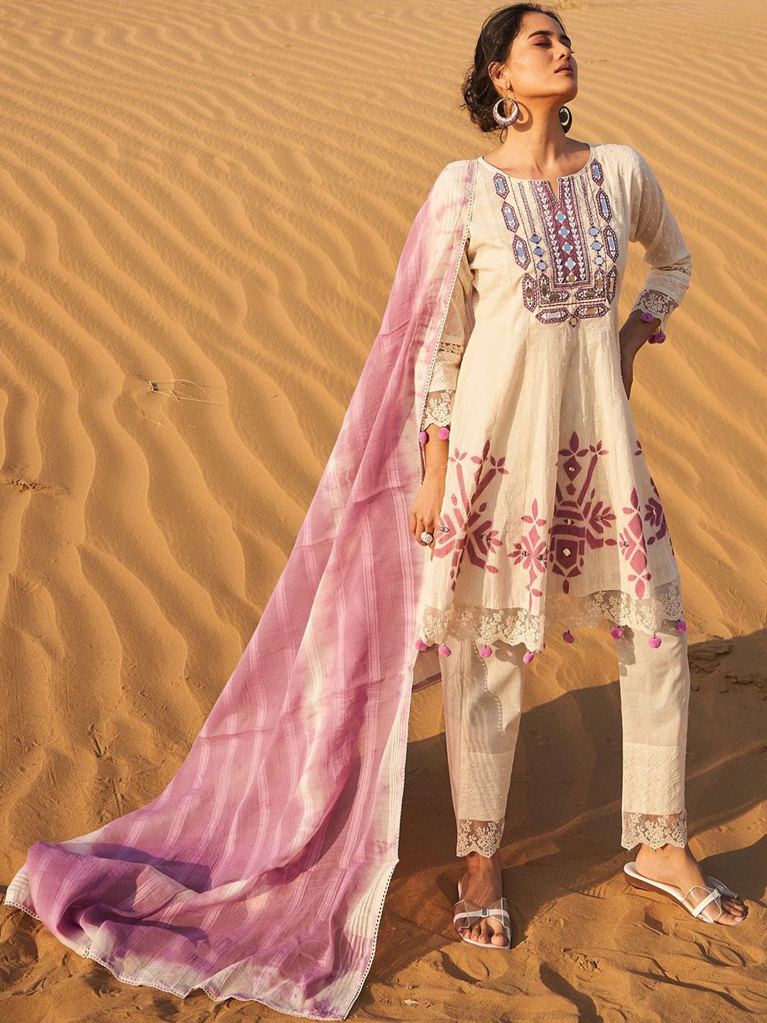 Geometric Printed Mirror Work A-Line Pure Cotton Kurta With Trousers & Dupatta