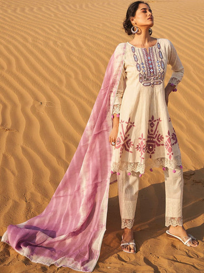 Geometric Printed Mirror Work A-Line Pure Cotton Kurta With Trousers & Dupatta