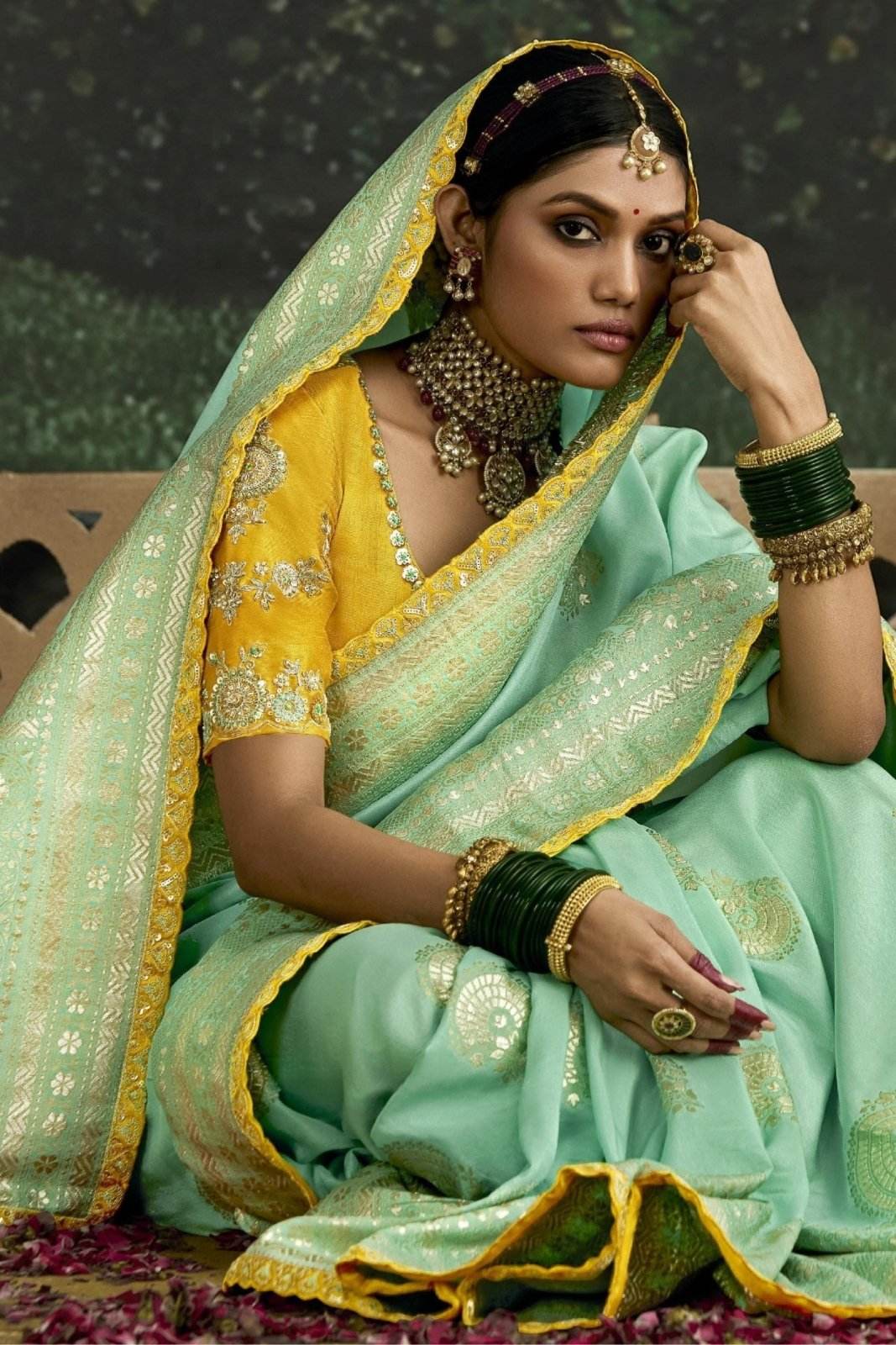 Dhiyona KM Women Sea Green Banarasi Saree With Golden Zari Work