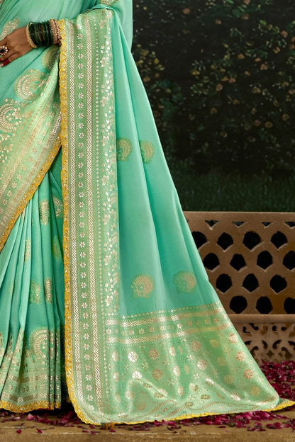 Dhiyona KM Women Sea Green Banarasi Saree With Golden Zari Work