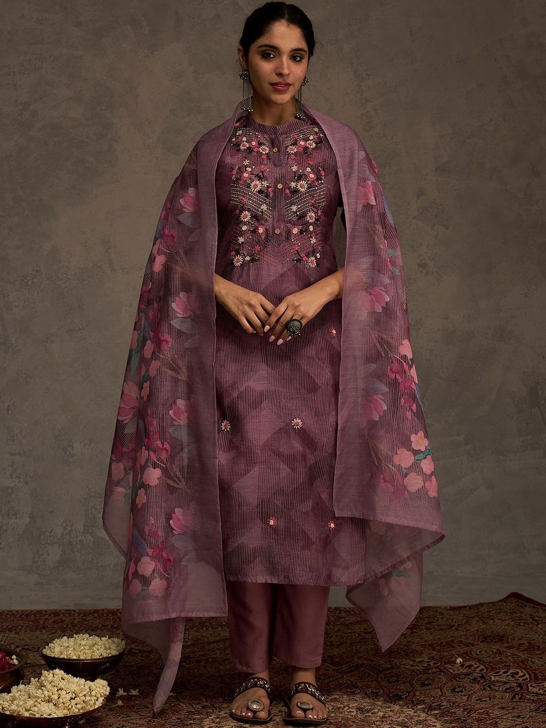 Women Floral Embroidered Thread Work Kurta with Trousers & Dupatta