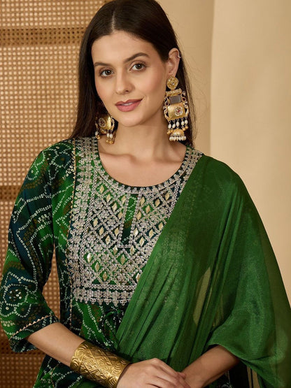 Dhiyona SN Women's Bandhani Printed Round Neck Sequinned A-Line Kurta And Trousers With Dupatta