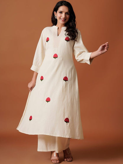 Women Floral Embroidered Mandarin Collar Thread Work Cotton Kurta with Trousers