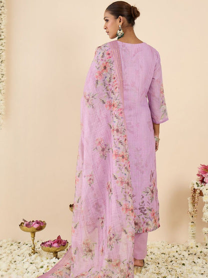 Women Floral Printed Regular Thread Work Linen Kurta with Trousers & With Dupatta