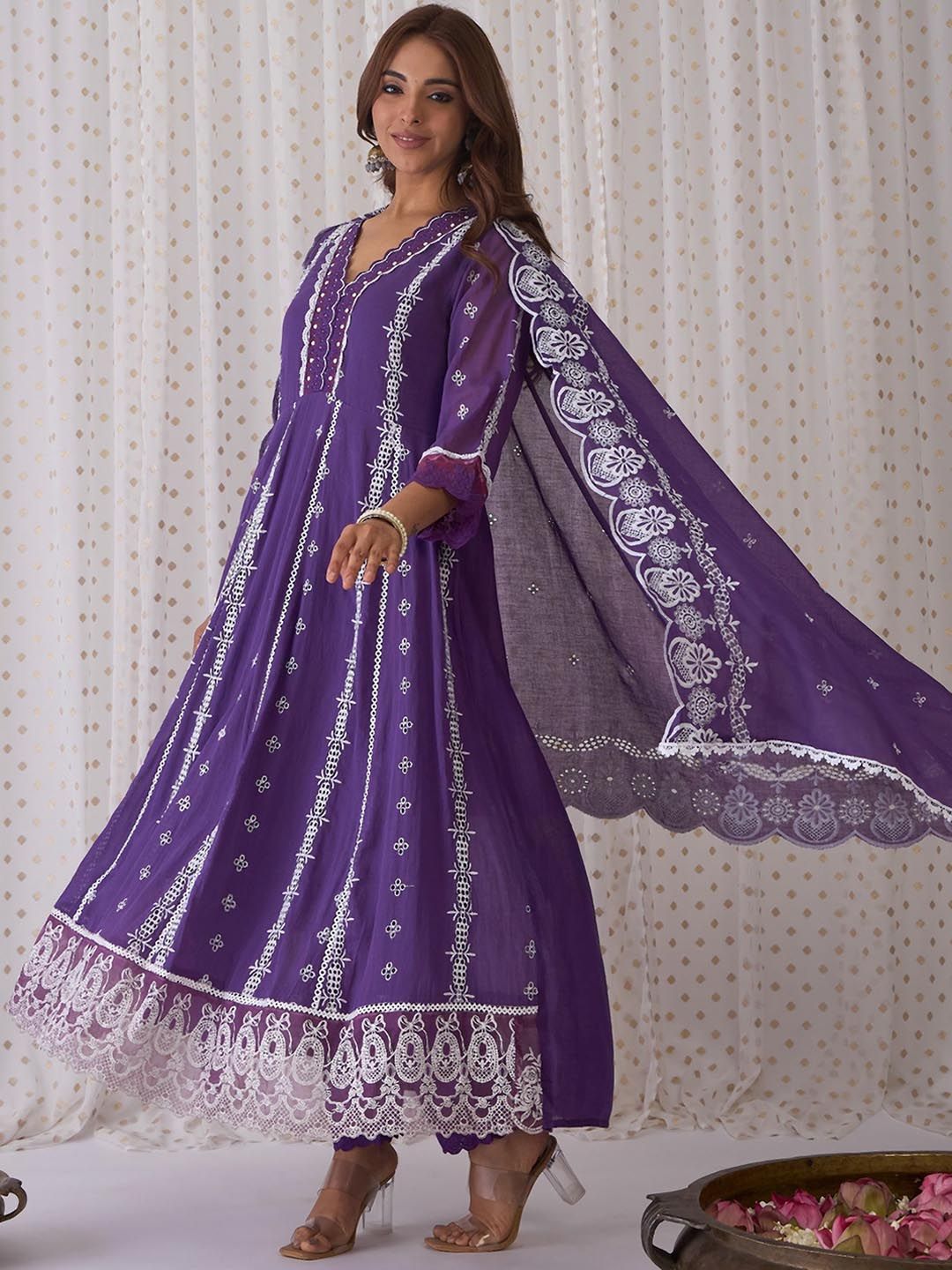 Ethnic Motifs Embroidered Pure Cotton A-Line Kurta Trousers & Dupatta