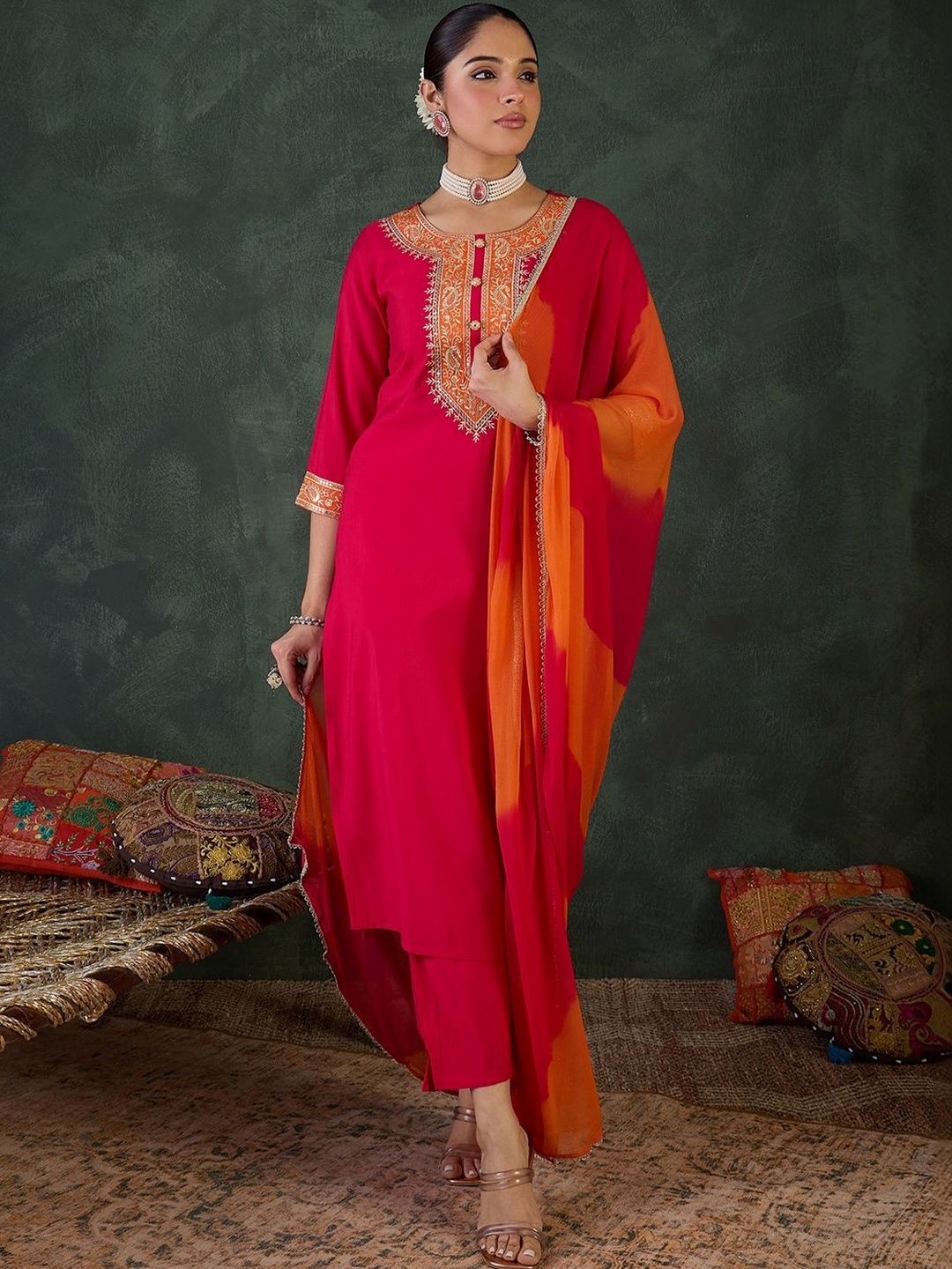 Women Ethnic Motifs Embroidered Regular Thread Work Kurta with Trousers & With Dupatta