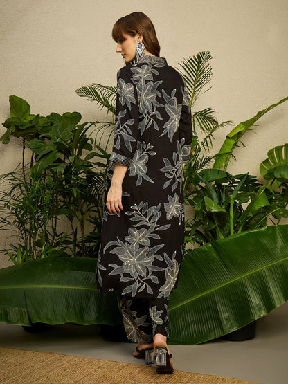 Women Black Viscose Rayon Floral Printed Regular Kurta with Trousers Set