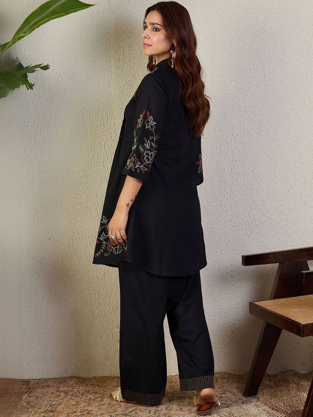 Women Floral Embroidered Thread Work Pure Cotton A-Line Kurti with Trousers