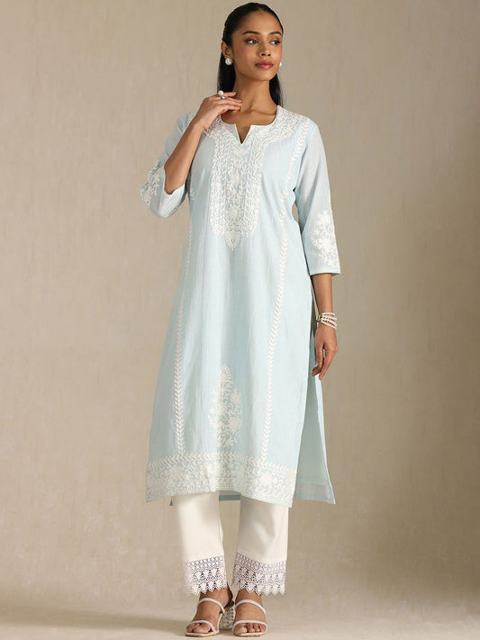 Dhiyona SO Women's Floral Embroidered Notch Neck Thread Work Cotton Straight Kurta With Trousers