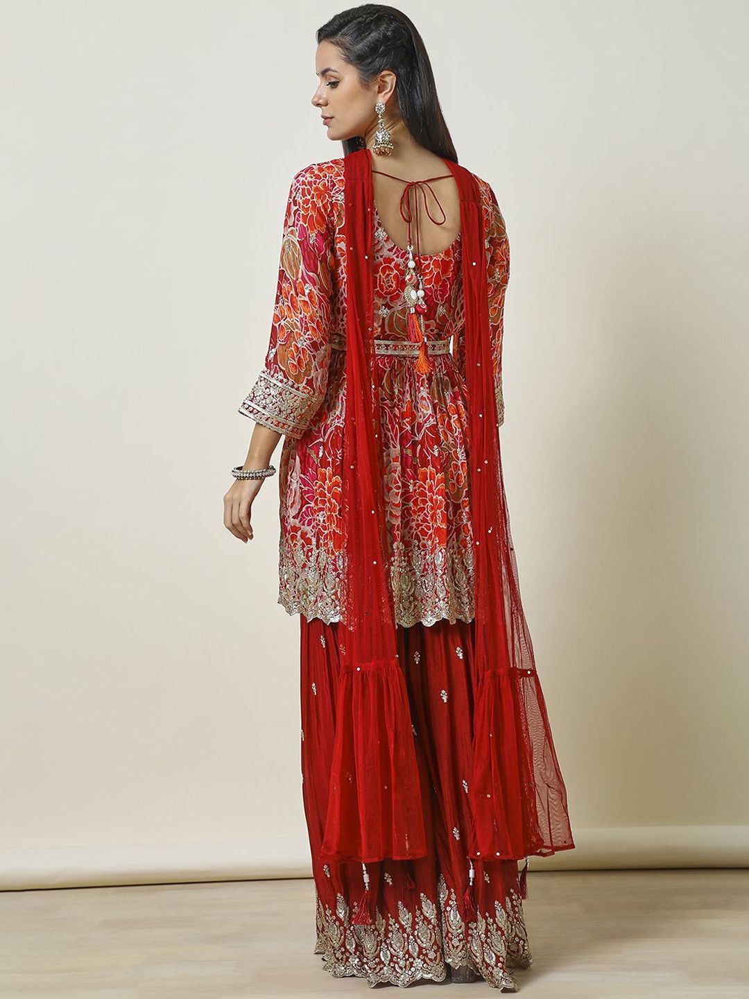 Dhiyona SO Women's Ethnic Motifs Embroidered Empire Sequinned Anarkali Kurti with Sharara & Dupatta