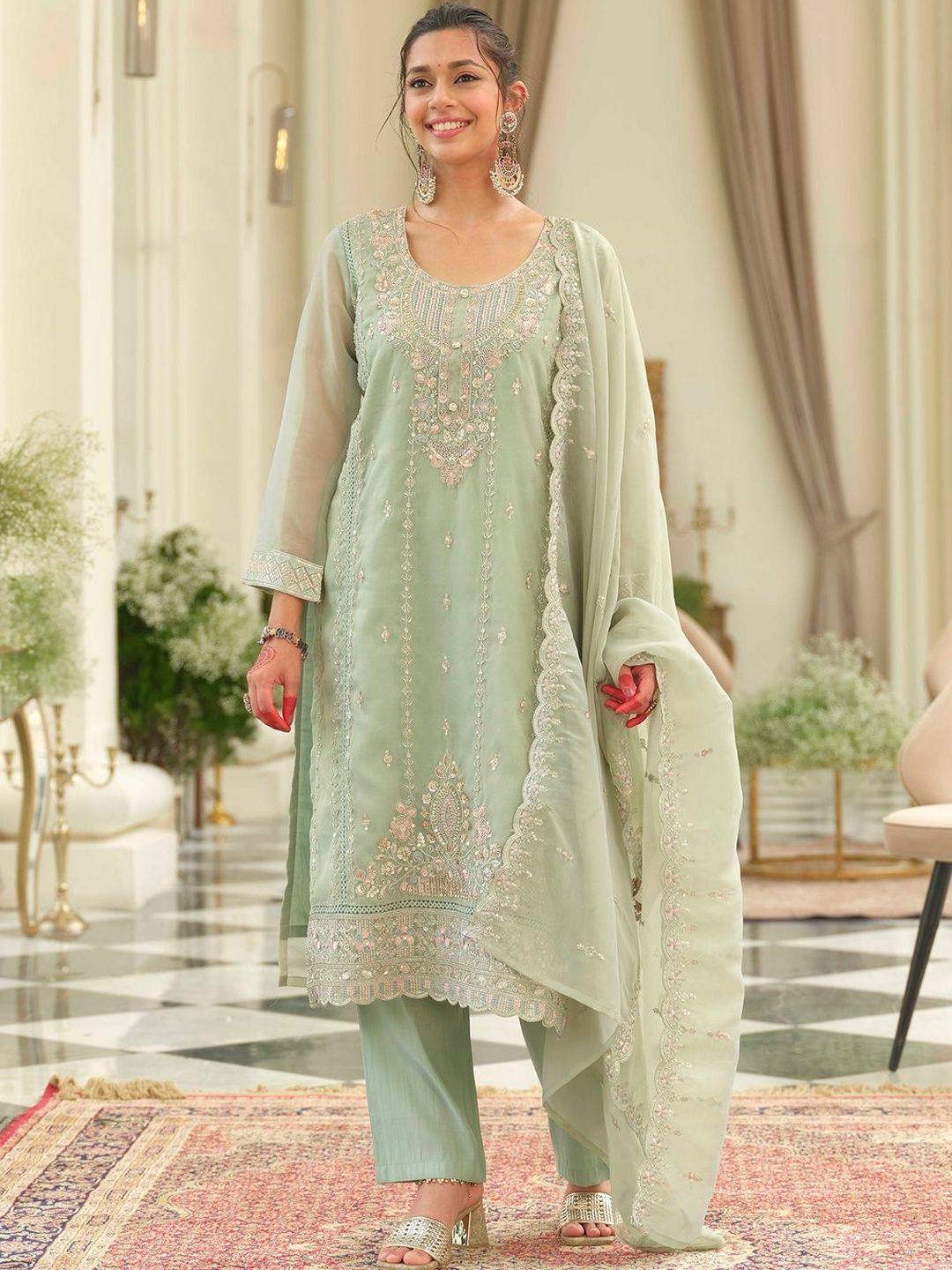Dhiyona IE Ethnic Motifs Embroidered Round Neck Straight Kurta With Trousers & Dupatta