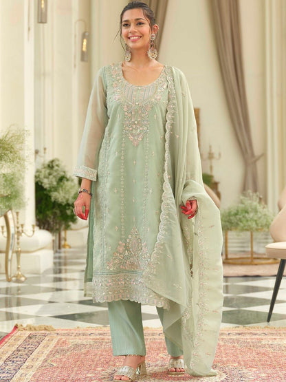 Ethnic Motifs Embroidered Round Neck Straight Kurta With Trousers & Dupatta