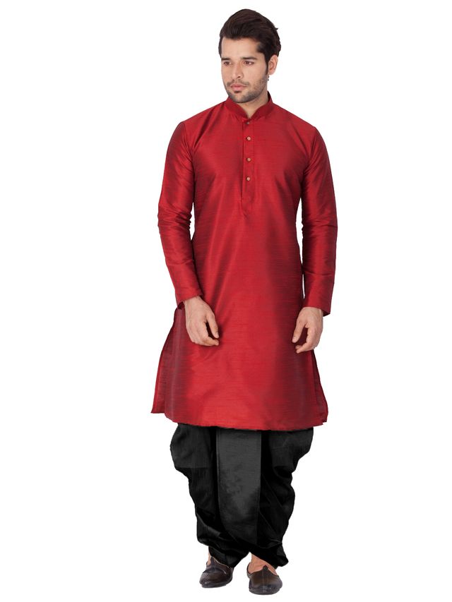 Men's Maroon Silk Blend Straight Kurta and Dhoti Set