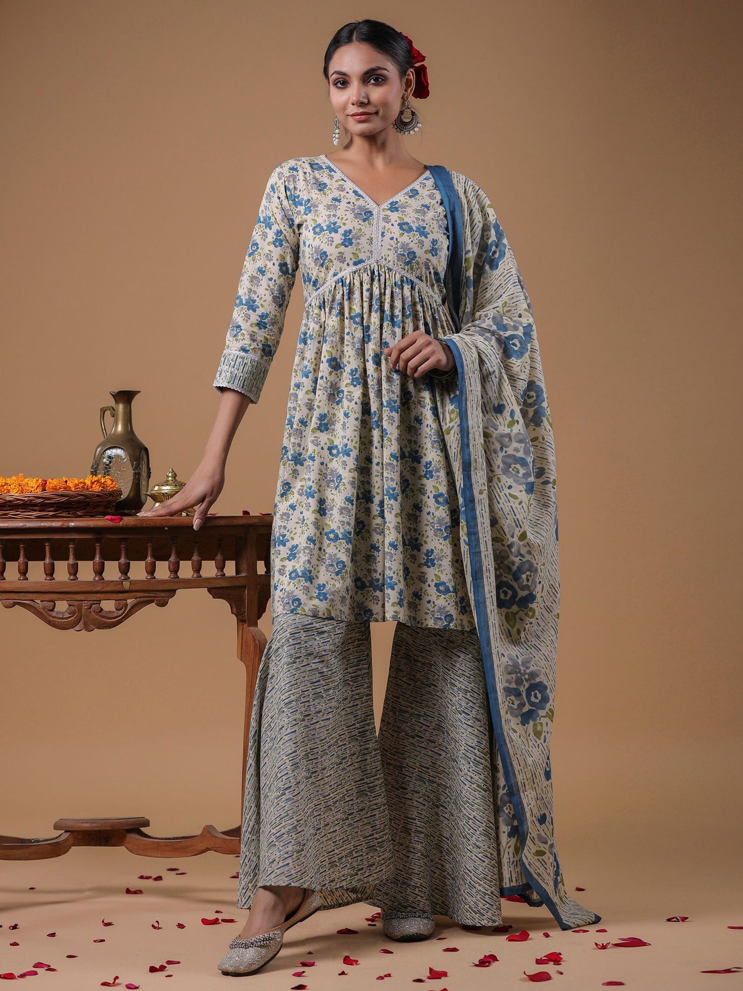 Dhiyona IE Floral Printed Empire Pure Cotton A-Line Kurta with Sharara & Dupatta