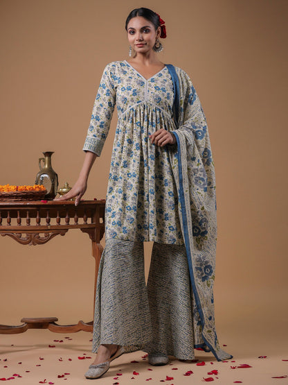 Dhiyona IE Floral Printed Empire Pure Cotton A-Line Kurta with Sharara & Dupatta
