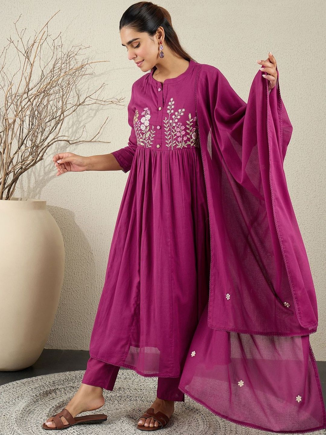 Women Floral Embroidered Cotton Anarkali Kurta with Trousers & Dupatta