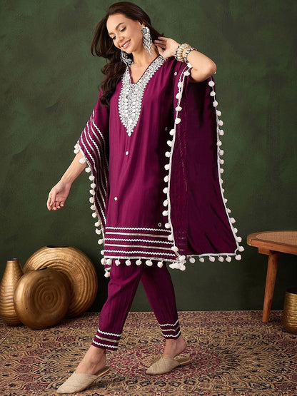 Dhiyona SN Women's Purple Geometric Embroidered Mirror Work Roman Silk Kurta With Trouser