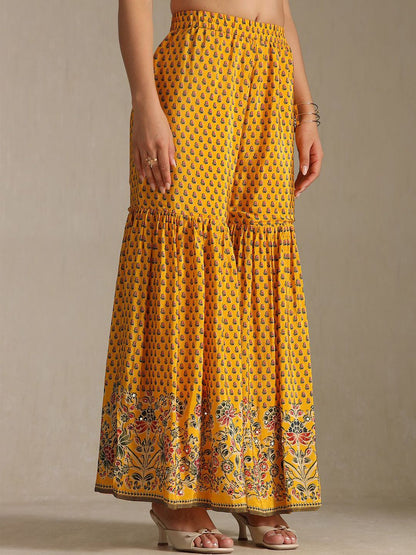 Dhiyona SO Women's Floral Printed Mirror Work Straight Kurta With Sharara And Dupatta