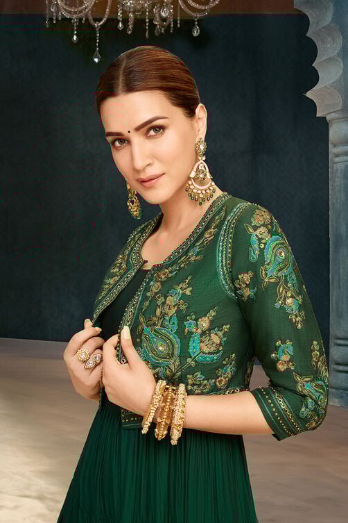 Women's Emerald Green Silk Festive Tiered Anarkali Dress