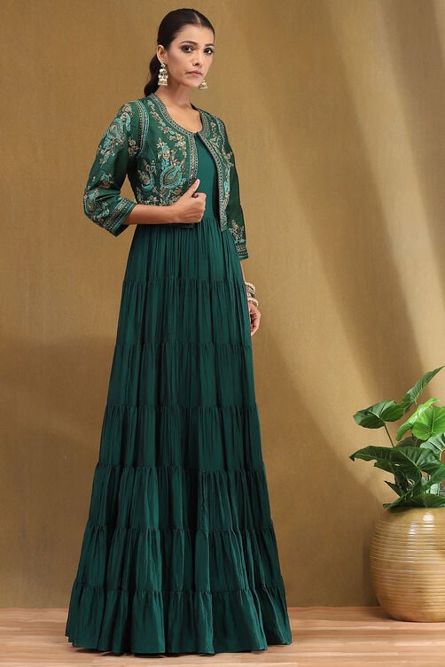 Women's Emerald Green Silk Festive Tiered Anarkali Dress