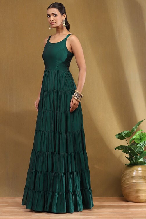Women's Emerald Green Silk Festive Tiered Anarkali Dress