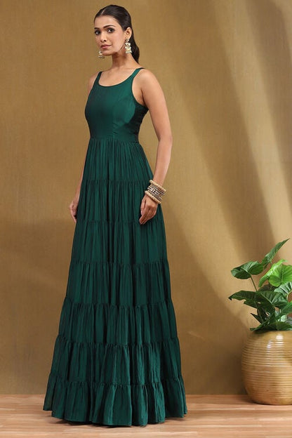 Women's Emerald Green Silk Festive Tiered Anarkali Dress