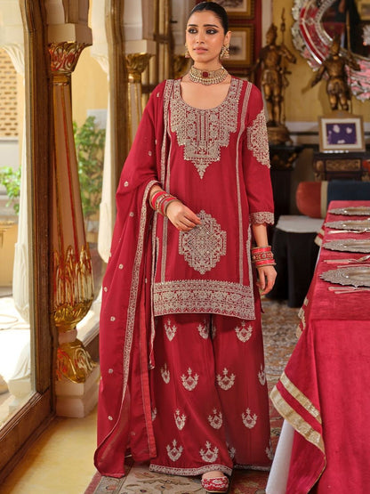 Ethnic Motifs Embroidered Chinon Beads & Stones Kurta With Palazzos & Dupatta