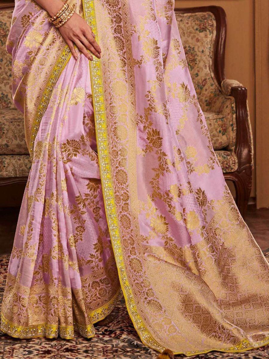 Dhiyona KM Women Pink Silk Woven Saree With Contrasting Yellow Blouse