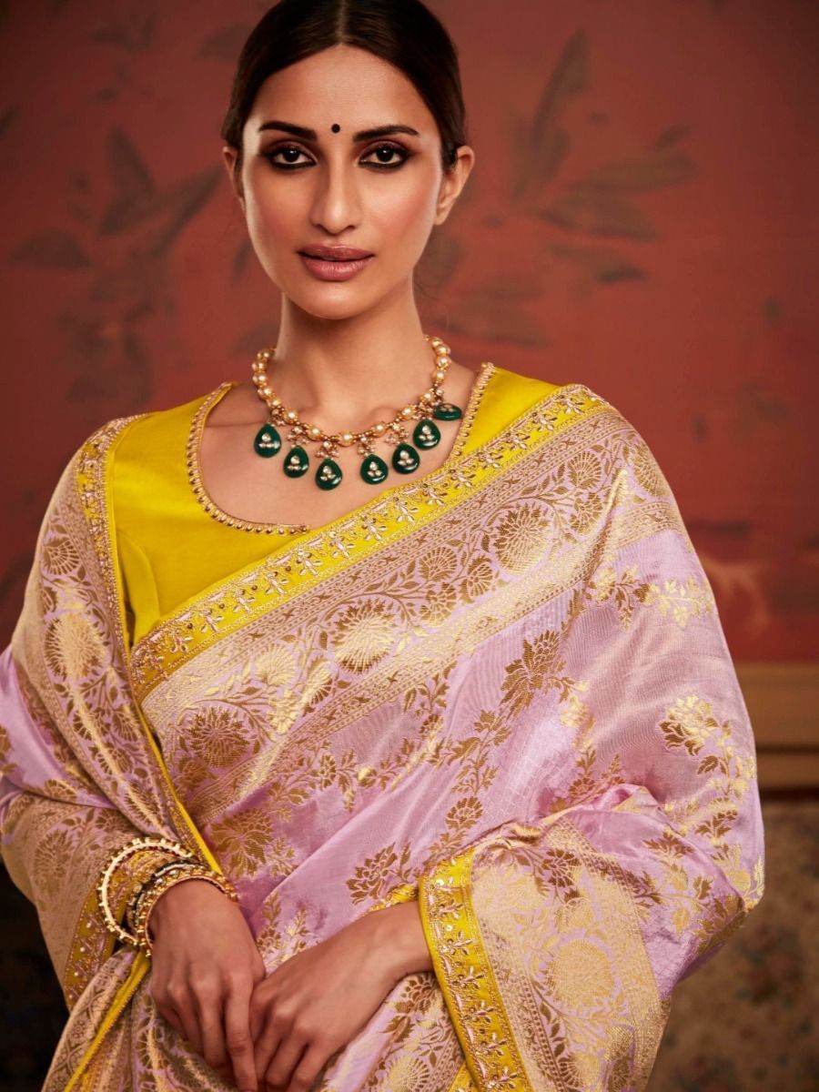 Dhiyona KM Women Pink Silk Woven Saree With Contrasting Yellow Blouse