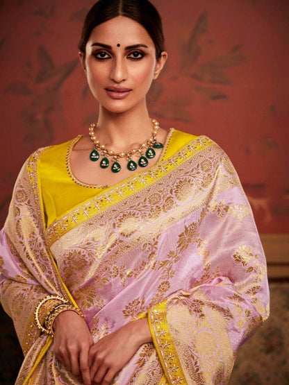 Dhiyona KM Women Pink Silk Woven Saree With Contrasting Yellow Blouse