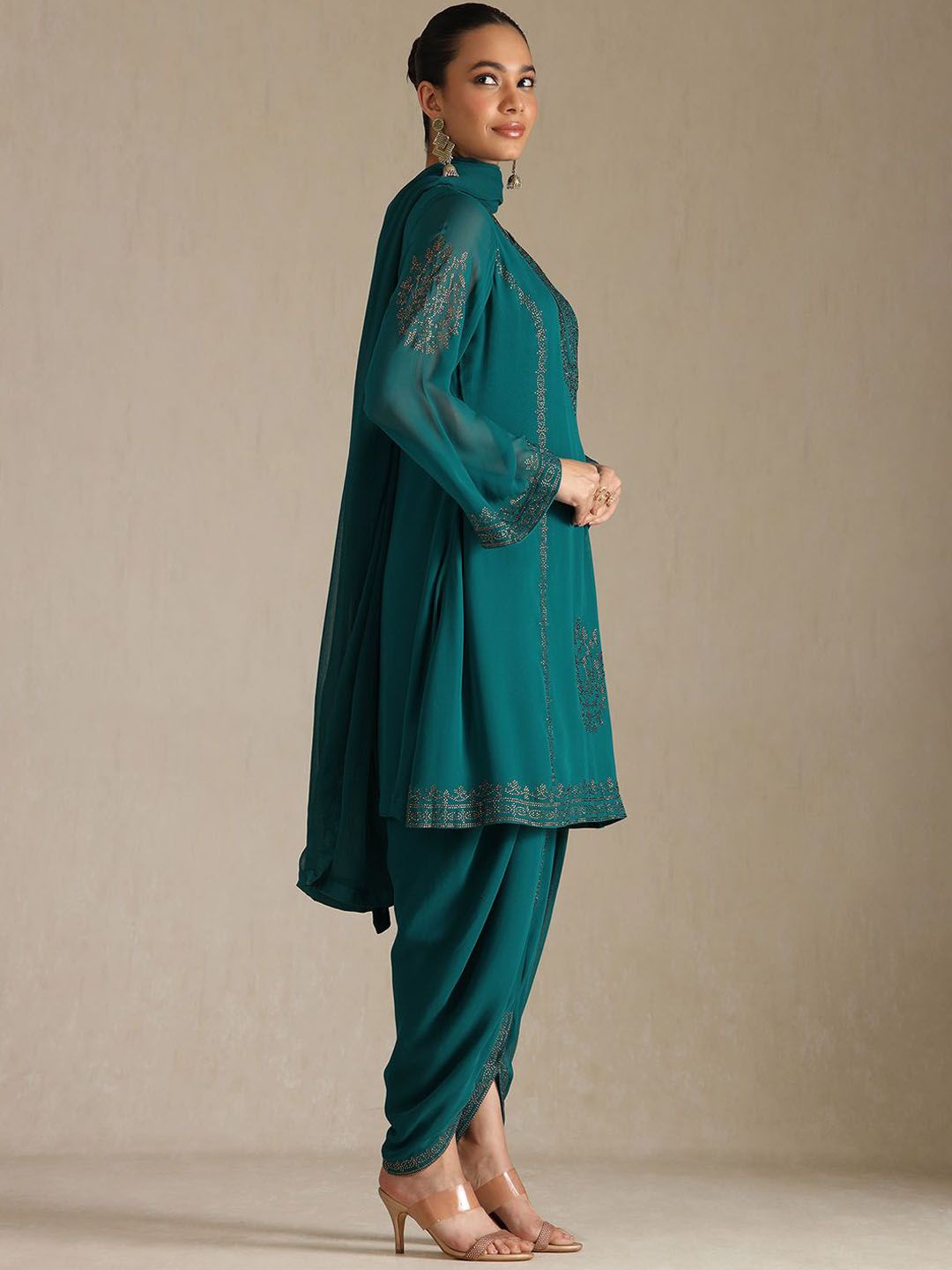 Dhiyona SO Women's Floral Embroidered Beads And Stones Georgette A-line Kurta With Pyjamas And Dupatta