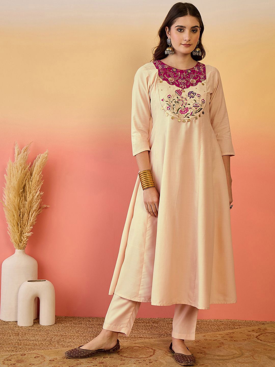Dhiyona SN Women's Floral Yoke Design Panelled Thread Work A-Line Kurta With Trouser And Dupatta