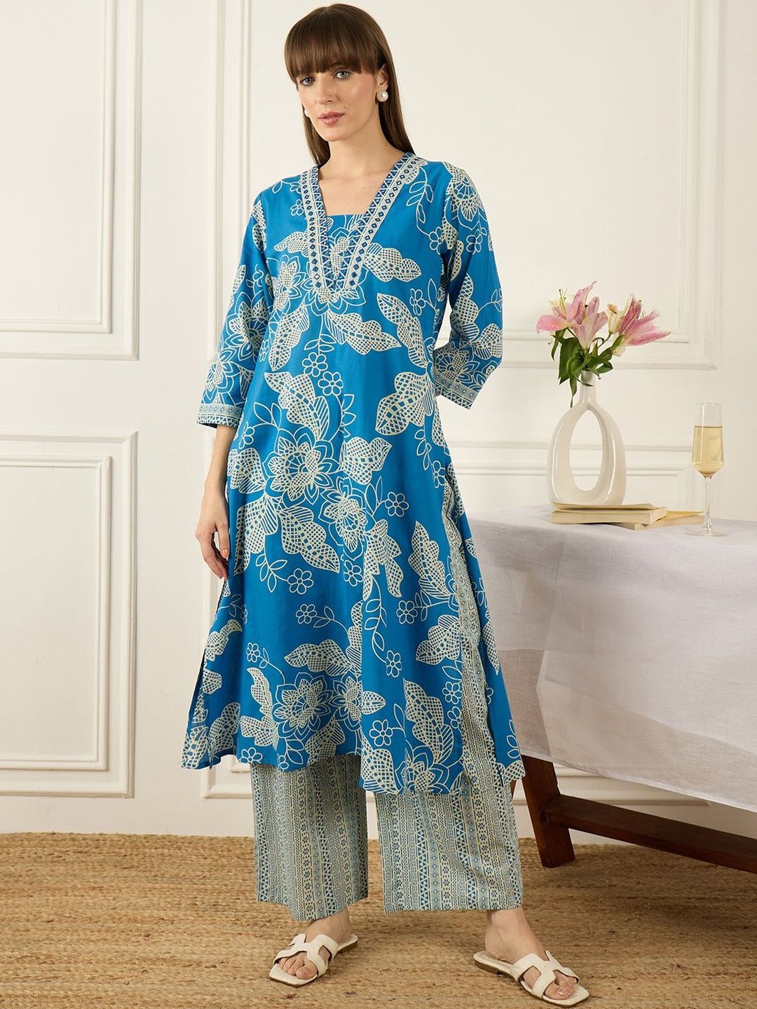 Floral Printed V-Neck Regular Pure Cotton A-Line Kurta With Trousers & Dupatta