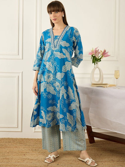 Floral Printed V-Neck Regular Pure Cotton A-Line Kurta With Trousers & Dupatta