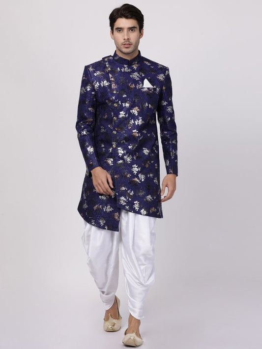 Men's Blue Polyester Lurex Blend Asymmetric Sherwani Set